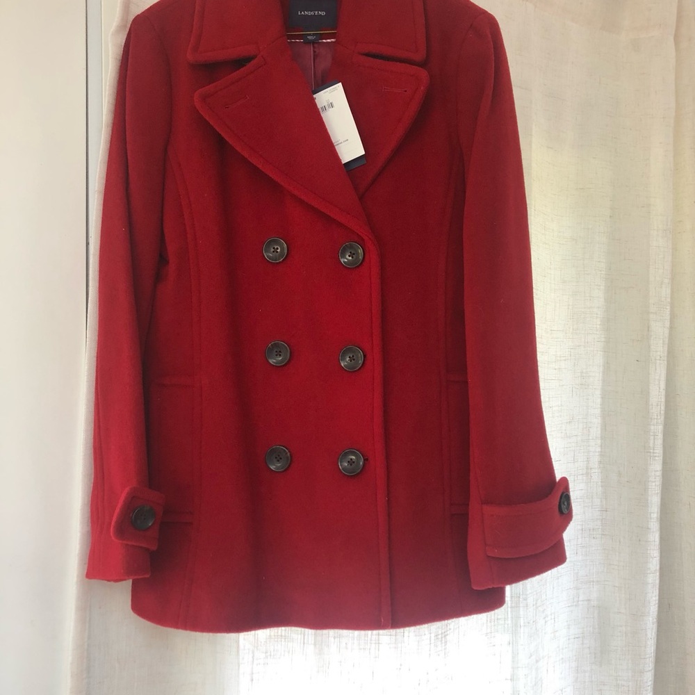 Lands' End Red Double-Breasted Wool Pea Coat